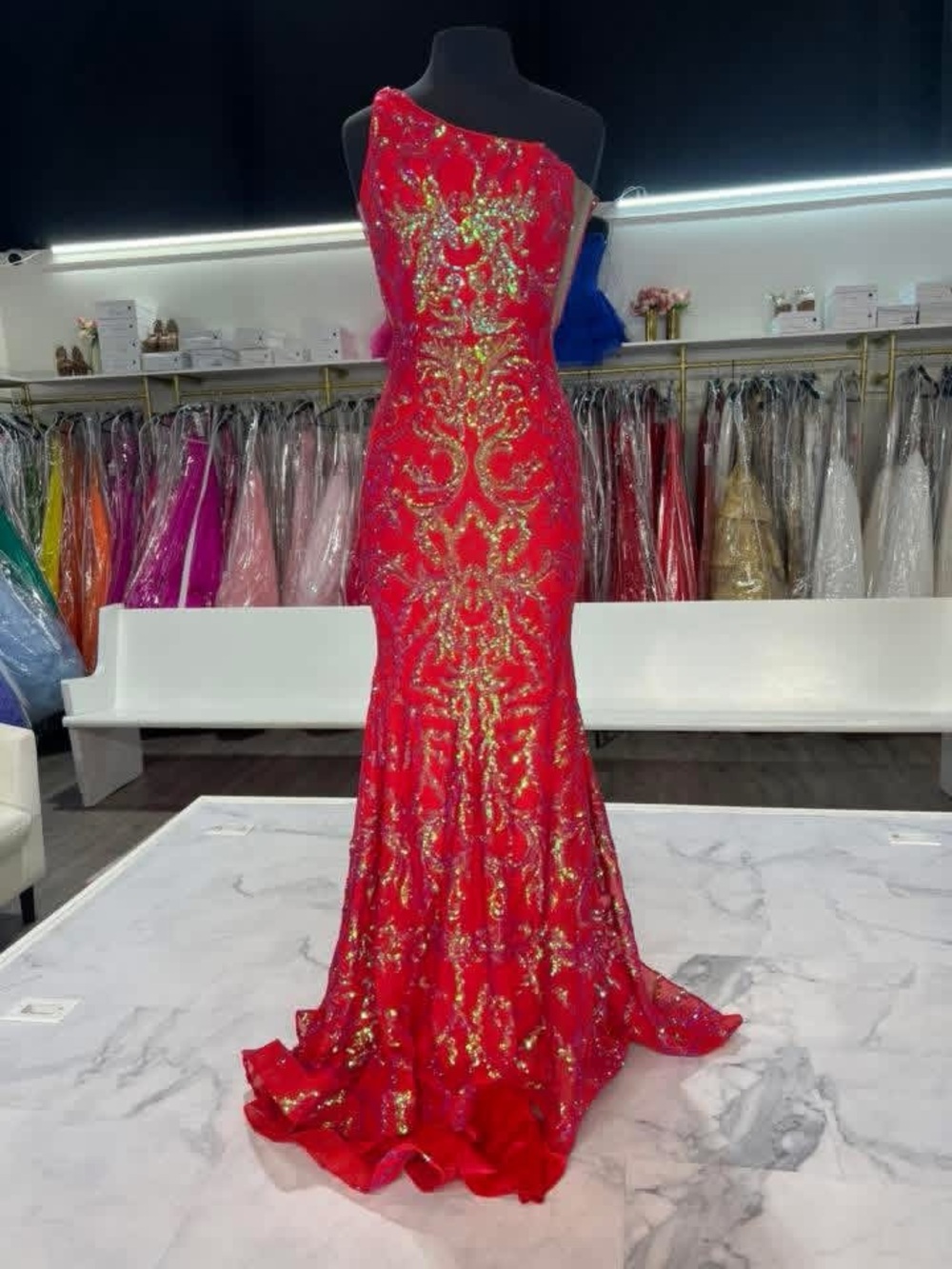 Jovani One-Shoulder Red Gown with Gold Sequin Embellishment size 22 NWT